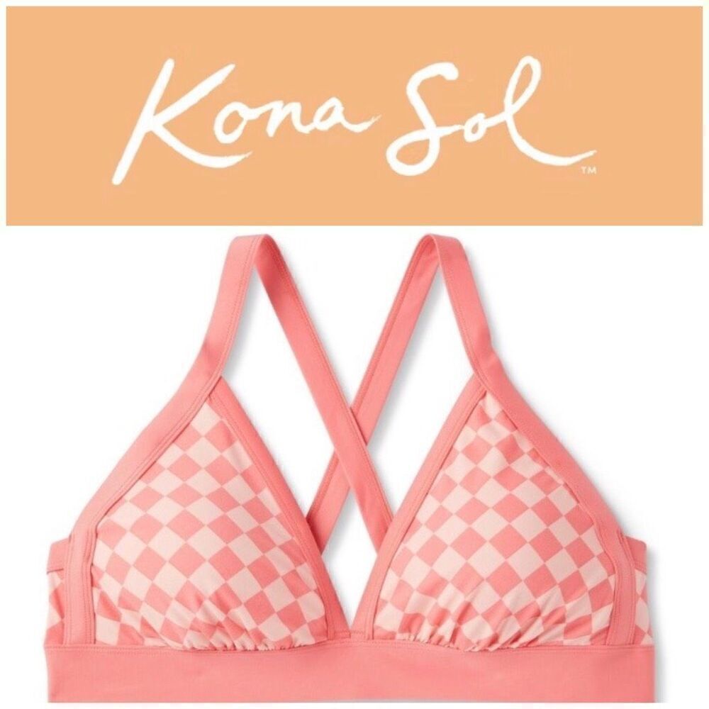KONA SOL - NWT - L Sz 1X (16W - 18W) Halter Triangle Bikini Top in Pink & Peach